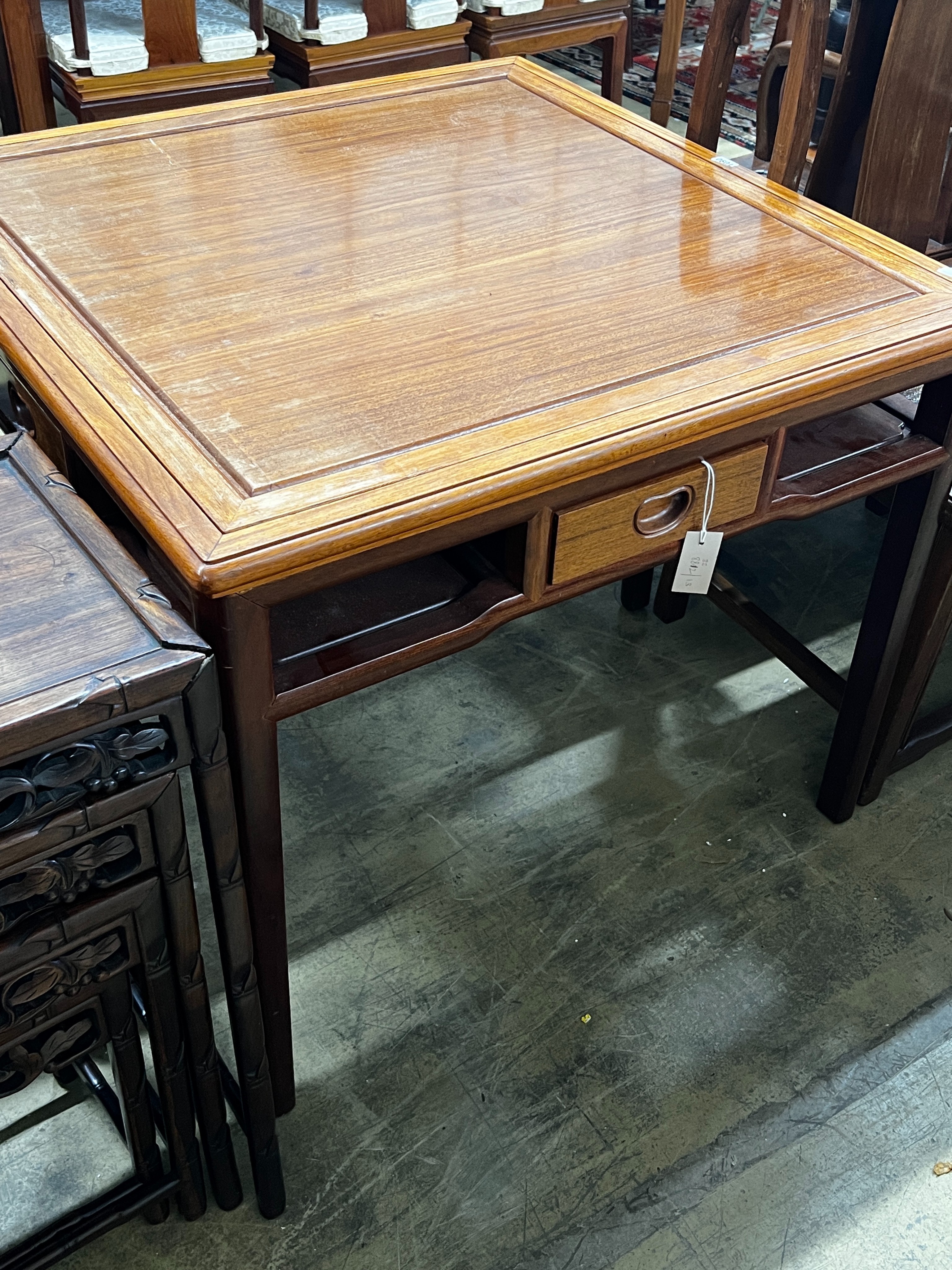 A Chinese square padouk wood four drawer gaming table, width 91cm, height 73cm